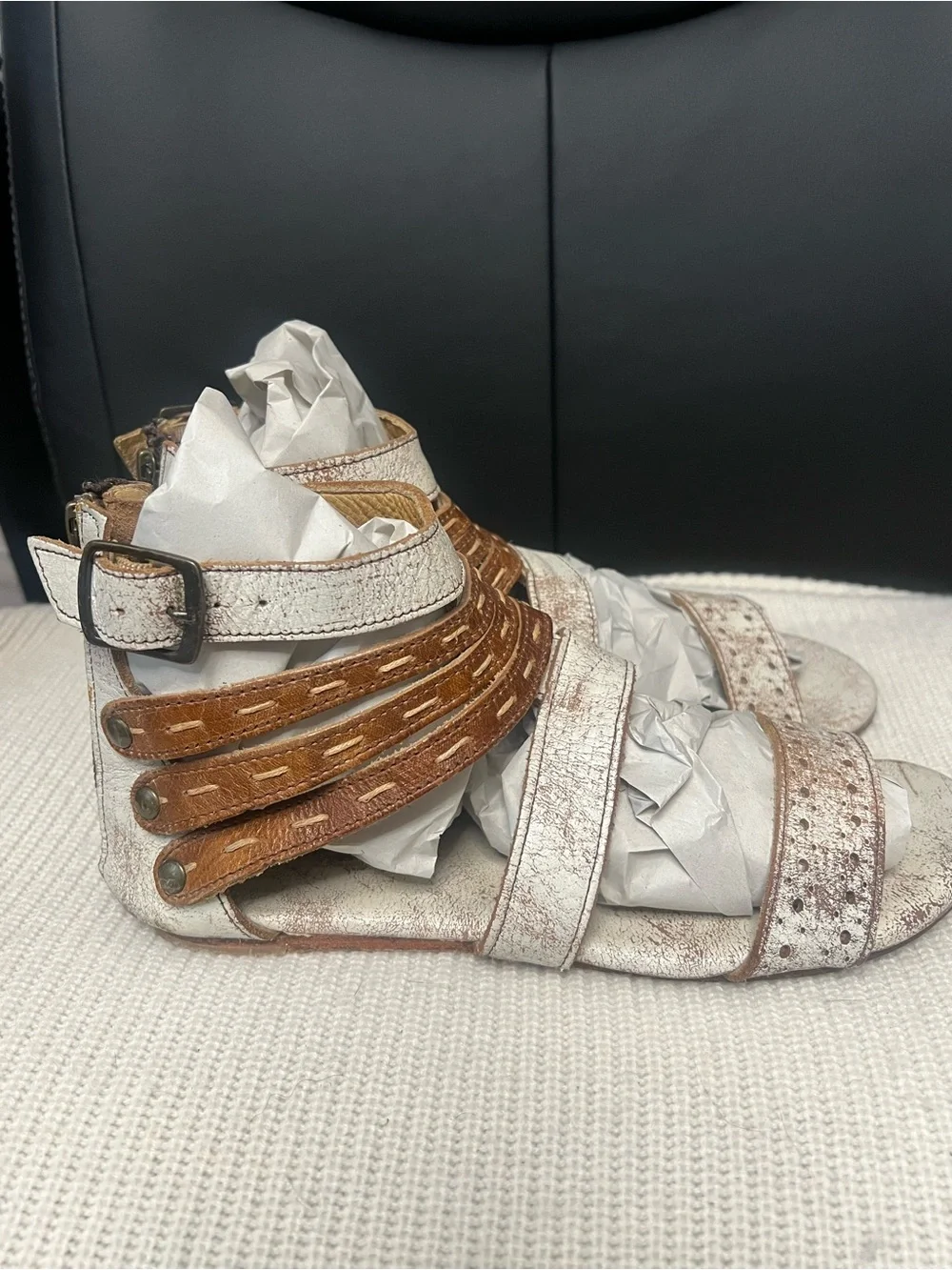 Bed Stu Artemis Distressed Metallic White and Brown Strappy Women’s Sandals